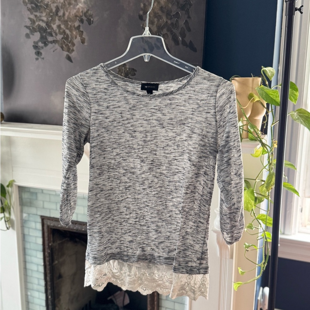 AB Studio Gray Top with Lace Hem